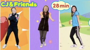 Three young women dancing across orange, purple, and blue panels with the title 'CJ & Friends' and a 28 min badge, as a video thumbnail.