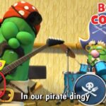 VeggieTales characters perform pirates-themed music on stage; band with cucumber playing guitar and another at drums, 'BONUS CONTENT' text overlays.