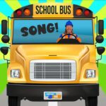 Front view of a yellow school bus with a smiling driver; the windshield reads 'SONG!' in bold letters against a bright, colorful background.