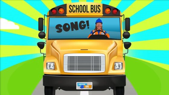 Front view of a yellow school bus with a smiling driver; the windshield reads 'SONG!' in bold letters against a bright, colorful background.