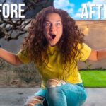 Woman with a surprised expression, kneeling outside, arms spread wide; 'Before' and 'After' text above (transformation thumbnail). Hallmark of a before/after video thumbnail.