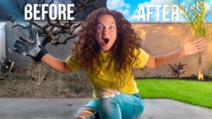Woman with a surprised expression, kneeling outside, arms spread wide; 'Before' and 'After' text above (transformation thumbnail). Hallmark of a before/after video thumbnail.
