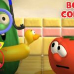 VeggieTales scene in a kitchen: a green cucumber with a yellow rubber duck and a red tomato looking at each other; 'BONUS CONTENT' banner in the corner.