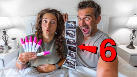 Couple in bed showing a strip of ultrasound images and six pink highlighter pens, with a large red 6 overlay in the scene.
