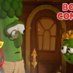 VeggieTales scene with a monocled broccoli and a green veggie talking in a wooden room; 'Bonus Content' and '30th Anniversary' logos appear.