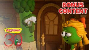 VeggieTales scene with a monocled broccoli and a green veggie talking in a wooden room; 'Bonus Content' and '30th Anniversary' logos appear.