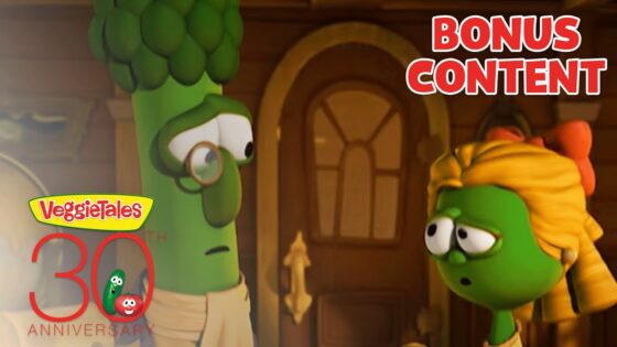 VeggieTales scene with a monocled broccoli and a green veggie talking in a wooden room; 'Bonus Content' and '30th Anniversary' logos appear.