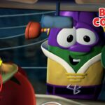 Thumbnail for VeggieTales video celebrating 30th anniversary with a purple cucumber character and 'Bonus Content' text, 80 min badge visible.