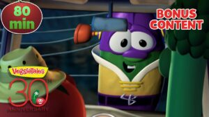 Thumbnail for VeggieTales video celebrating 30th anniversary with a purple cucumber character and 'Bonus Content' text, 80 min badge visible.