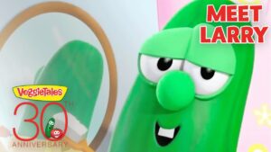 Larry the cucumber from VeggieTales smiles beside the 30th anniversary logo and 'Meet Larry' text.