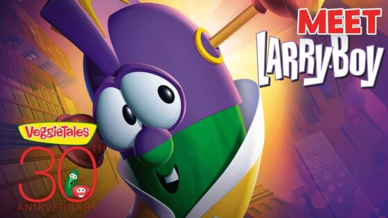 Meet LarryBoy banner from VeggieTales showing LarryBoy's purple head, with 'Meet LarryBoy' and '30th Anniversary' text.