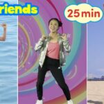 Three-panel thumbnail showing a woman dancing in three outfits: orange jumpsuit by the water, pink top with a silver jacket against a colorful swirl backdrop, and a purple top on a sunny beach; CJ & Friends 25 min text badge present