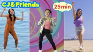 Three-panel thumbnail showing a woman dancing in three outfits: orange jumpsuit by the water, pink top with a silver jacket against a colorful swirl backdrop, and a purple top on a sunny beach; CJ & Friends 25 min text badge present