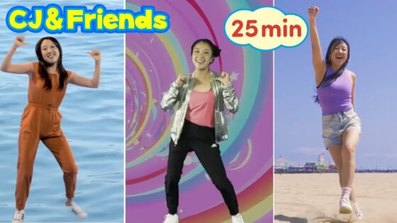 Three-panel thumbnail showing a woman dancing in three outfits: orange jumpsuit by the water, pink top with a silver jacket against a colorful swirl backdrop, and a purple top on a sunny beach; CJ & Friends 25 min text badge present