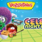 VeggieTales Celery Night Fever cover: a green celery character with a purple afro and glasses fronts a veggie band on a disco stage, logo above left.