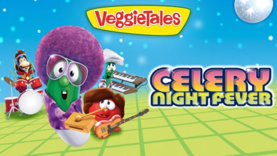 VeggieTales Celery Night Fever cover: a green celery character with a purple afro and glasses fronts a veggie band on a disco stage, logo above left.
