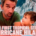 Thumbnail of a man and a young boy looking surprised against a stormy background with lightning; overlay text reads 'Our First Tropical Storm Hurricane Hilary'