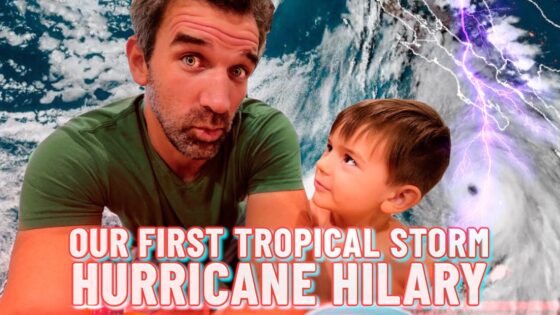 Thumbnail of a man and a young boy looking surprised against a stormy background with lightning; overlay text reads 'Our First Tropical Storm Hurricane Hilary'