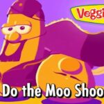 VeggieTales-style cartoon characters posing on a purple stage with the caption 'Do the Moo Shoo!'