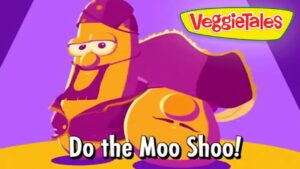VeggieTales-style cartoon characters posing on a purple stage with the caption 'Do the Moo Shoo!'