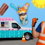 Bright, playful scene with a turquoise-pink ice cream truck, a worker in a safety vest, and oversized ice pops against a sunny blue sky.