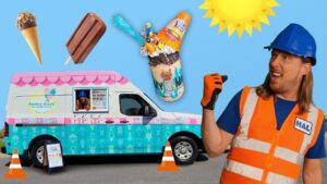 Bright, playful scene with a turquoise-pink ice cream truck, a worker in a safety vest, and oversized ice pops against a sunny blue sky.
