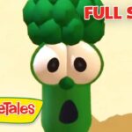 Cartoon broccoli character from VeggieTales with big eyes and a surprised mouth; video thumbnail reading 'Full Story'.