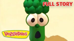 Cartoon broccoli character from VeggieTales with big eyes and a surprised mouth; video thumbnail reading 'Full Story'.