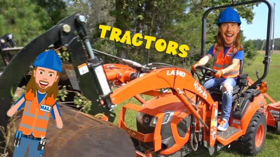 Orange compact tractor with front loader being operated outdoors by a man in a blue hard hat and safety vest; the word 'TRACTORS' is overlaid in yellow text.