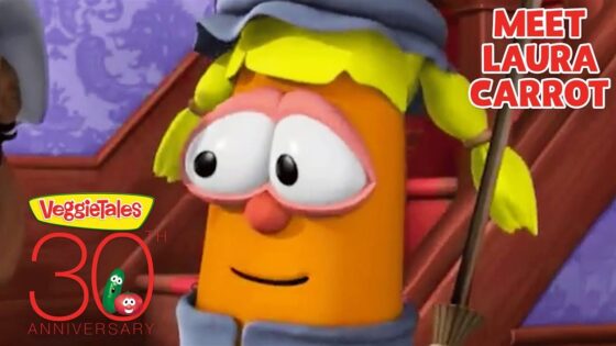 Laura Carrot from VeggieTales, shown with blond pigtails and a friendly expression, with the title 'Meet Laura Carrot' and VeggieTales 30th Anniversary logo in the corner.