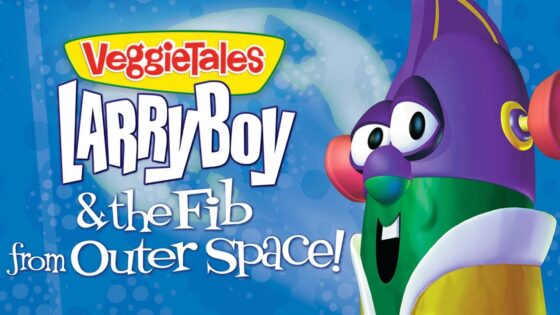 VeggieTales poster featuring LarryBoy on the right and the title 'LarryBoy & the Fib from Outer Space' on a blue background.