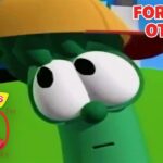 Close-up of a green VeggieTales character with wide eyes, overlaid by the words 'FORGIVING OTHERS' and a 30th anniversary logo.