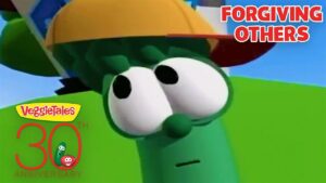 Close-up of a green VeggieTales character with wide eyes, overlaid by the words 'FORGIVING OTHERS' and a 30th anniversary logo.