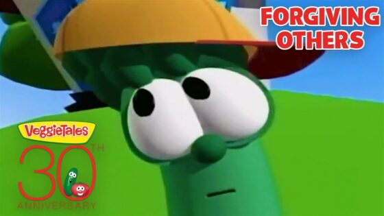 Close-up of a green VeggieTales character with wide eyes, overlaid by the words 'FORGIVING OTHERS' and a 30th anniversary logo.