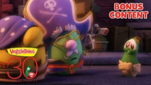 VeggieTales scene: green vegetable wearing glasses, a purple pirate hat, and a red scarf looks distressed with a small green pea nearby; 'Bonus Content' and '30th Anniversary' logos visible.