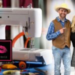 Sewing machine on a blue-worktable with colorful thread spools and fabric; logo reads 'Makeup Junkie Bags' as two hosts stand nearby, smiling.