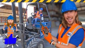 Warehouse scene with a forklift and two workers in safety gear; foreground worker smiles at the camera in an orange vest and blue helmet.