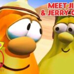 Thumbnail from VeggieTales showing two cartoon vegetables smiling at each other in a desert scene; banner reads 'Meet Jimmy & Jerry Gourde' with a 30th Anniversary logo.