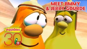 Thumbnail from VeggieTales showing two cartoon vegetables smiling at each other in a desert scene; banner reads 'Meet Jimmy & Jerry Gourde' with a 30th Anniversary logo.