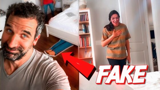 Split-screen scene: a man selfies in a bedroom on the left, a surprised woman stands in a doorway on the right, with a bold red 'FAKE' graphic and arrow suggesting deception.