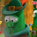 Three VeggieTales characters stand in a forest; one wears a hat and has a sad expression, with a magnifying-glass-wielding friend nearby, plus a 'Handling Hurt' title and VeggieTales 30th Anniversary logo in the corner.