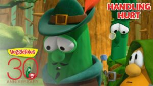 Three VeggieTales characters stand in a forest; one wears a hat and has a sad expression, with a magnifying-glass-wielding friend nearby, plus a 'Handling Hurt' title and VeggieTales 30th Anniversary logo in the corner.