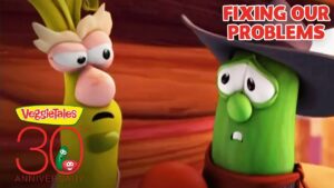 Two VeggieTales characters in a tense conversation on a VeggieTales 30th anniversary thumbnail saying 'Fixing Our Problems'.