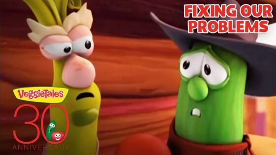 Two VeggieTales characters in a tense conversation on a VeggieTales 30th anniversary thumbnail saying 'Fixing Our Problems'.
