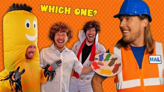 Group of four friends in costumes posing for a game-style photo under the words 'Which One?' a banana costume, a man in a wig, an Elvis-like performer, and a builder with a paint palette smile at the camera on an orange dotted background.