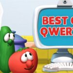 VeggieTales characters, a cucumber and tomato, look at a computer monitor displaying 'BEST OF QWERTY' for the 30th anniversary logo in the corner.