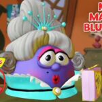 Madame Blueberry from VeggieTales wearing a turquoise necklace, looking surprised, with a pink gift box; 'Meet Madame Blueberry' title and a 30th anniversary logo.