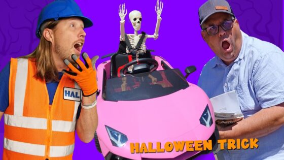 Two men react in a bright thumbnail: a construction worker and a surprised speaker stand beside a pink sports car with a skeleton figure inside, Halloween Trick text visible.