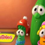 A VeggieTales scene with three talking vegetables looking surprised in a bright kitchen setting.