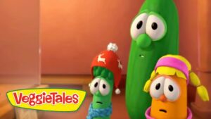 A VeggieTales scene with three talking vegetables looking surprised in a bright kitchen setting.